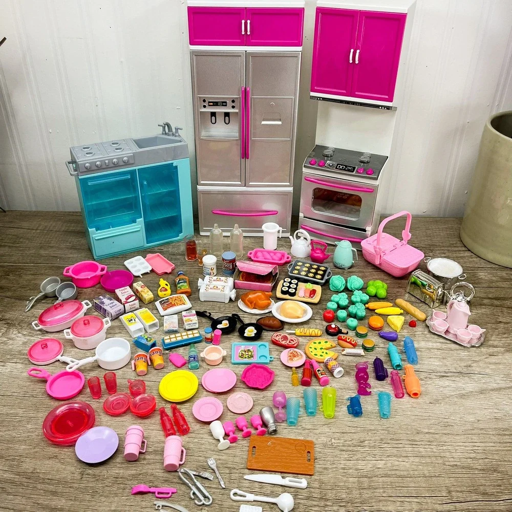 Barbie Kitchen Playset Lot Refrigerator Stove Sink Food Cookware Accessories